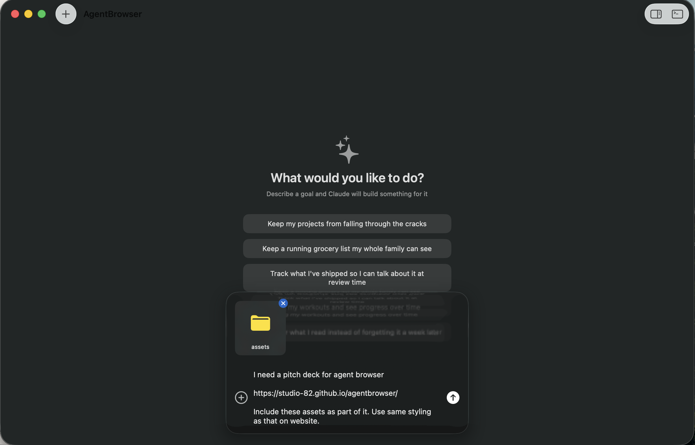 AgentBrowser starting screen with prompt: I need a pitch deck for agent browser
